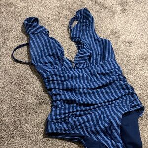 Ellen Tracy Navy and Royal Blue Striped One-Piece Swimsuit